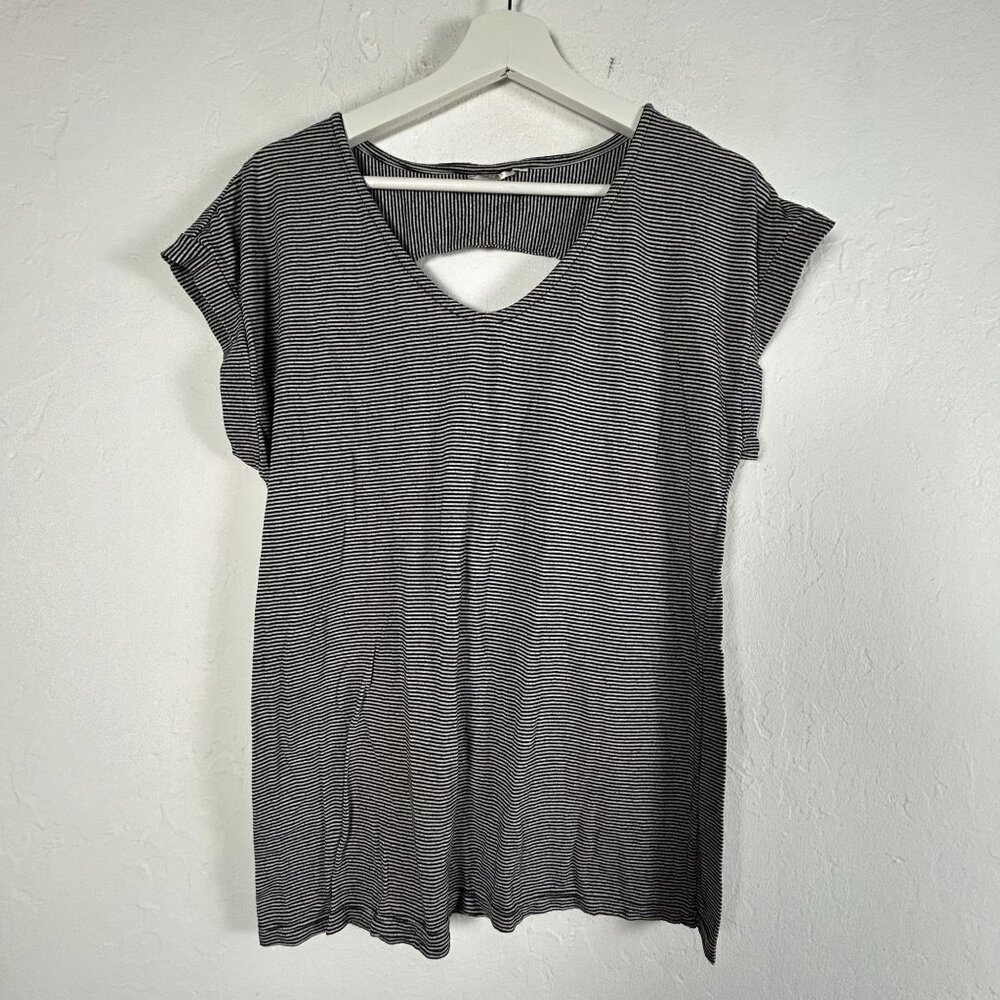 Prairie Cotton Womens Black & White Striped Cutout Back Short Sleeve Top Medium